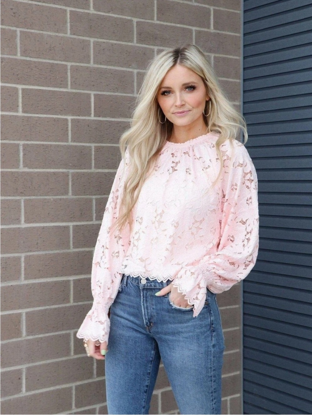 Free People Olivia Lace Top Blush Pink Balloon Sleeve Small